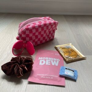 Pink Checkered Cosmetic Bag with Accessories - Travel Makeup Overnight Get Ready